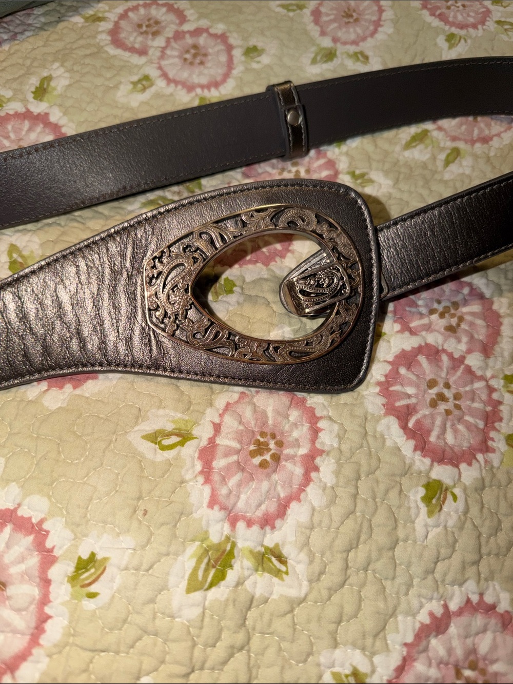 Coldwater Creek Women's Grey Leather Belt with Decorative Metal Buckle